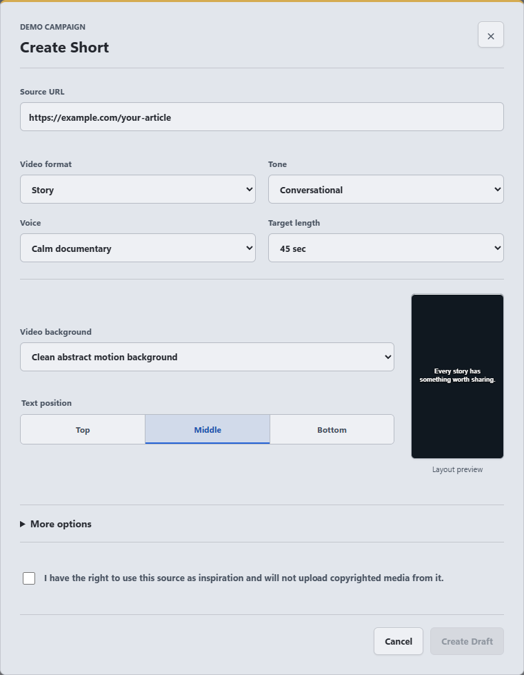 StorySpool Create Short window with an article URL, narration format, voice, length, video background and caption position controls.